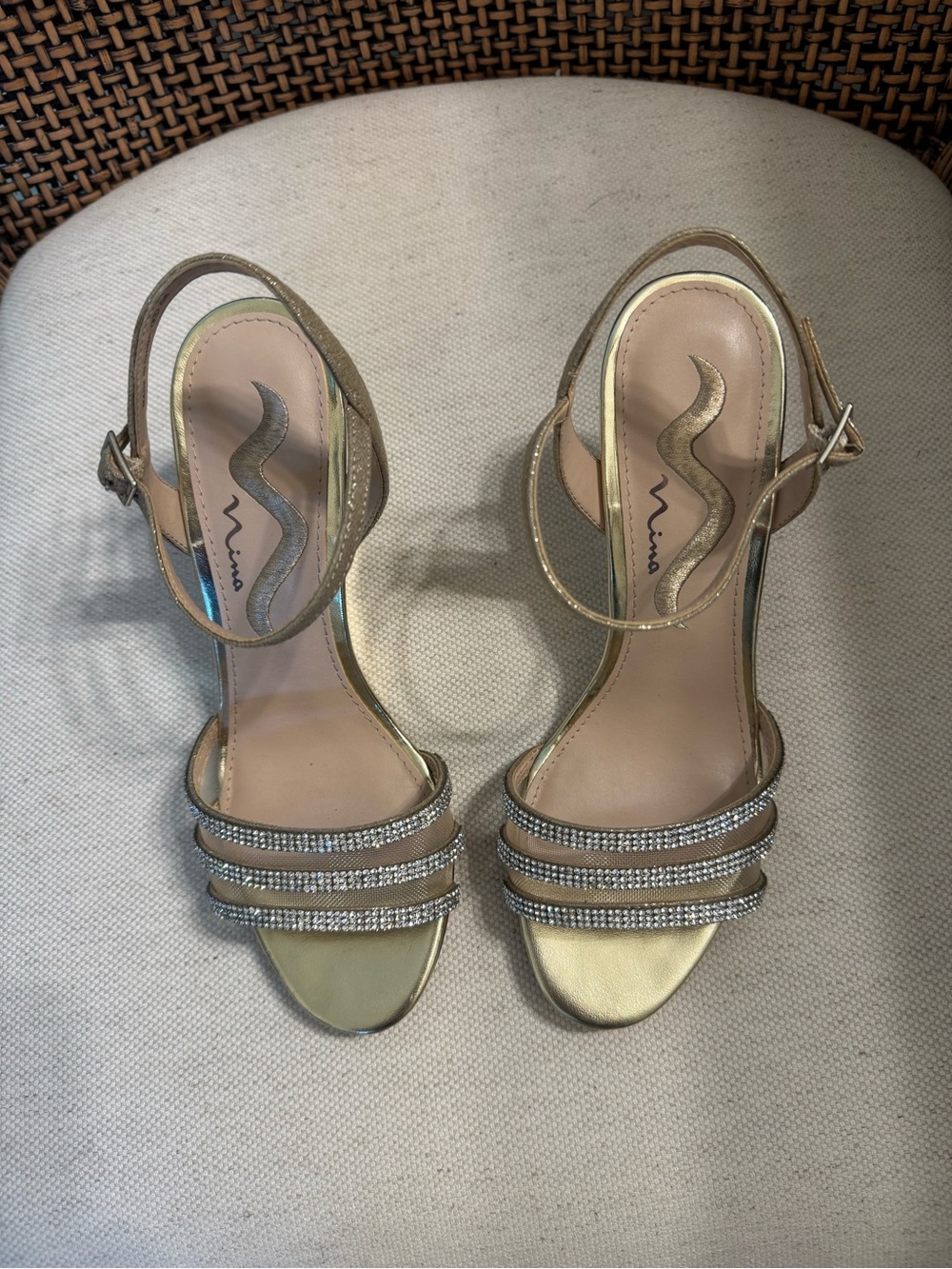 Nina Gold Rhinestone Strappy Evening Heels Size 6
